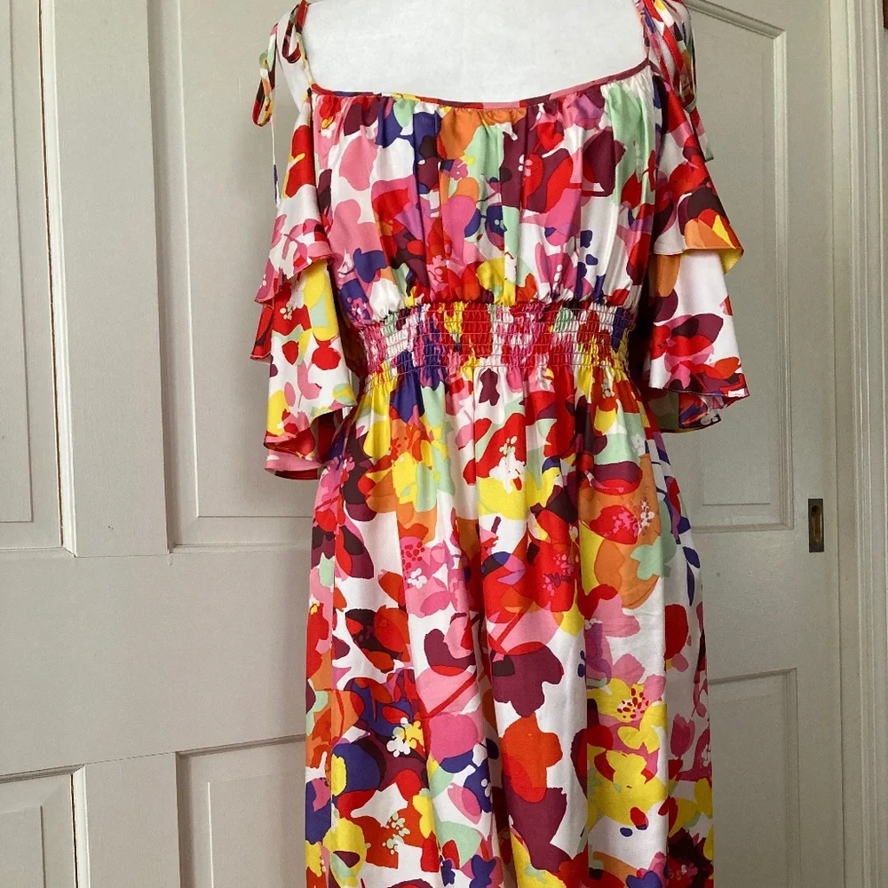 Boston Proper Floral Silk Dress w Spaghetti Ties SZ 16 - Picture 2 of 12